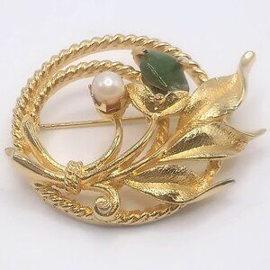 Sarah Coventry Brooch Gold-Tone Brooch Pearl Jade Stone Floral Design Pin VTG